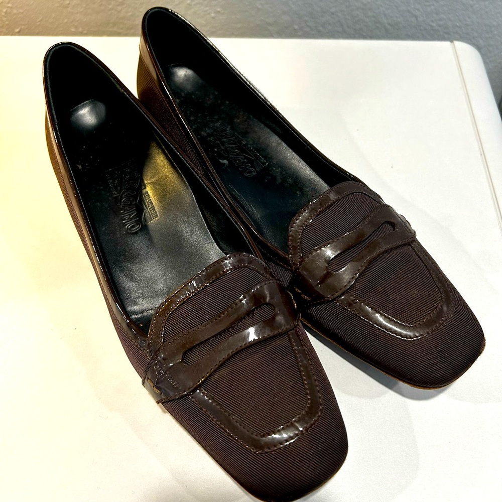 Ferragamo chocolate Brown Square Toe Patent Leather Heel